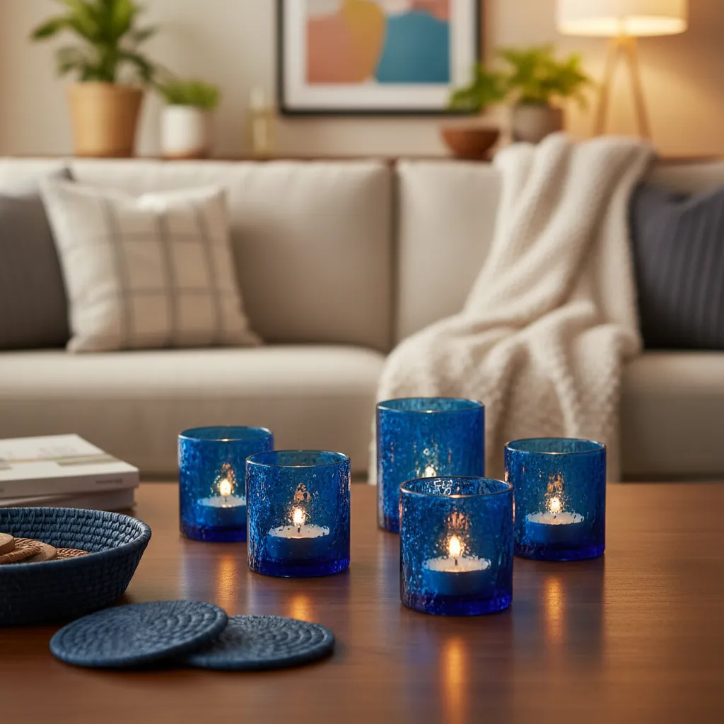 Blue Glass Candle Ambiance Glowing blue glass candles creating a warm ambient light in a cozy room.