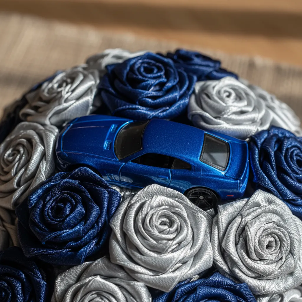 Blue Hot Wheels Car with Satin Ribbon Roses Metallic blue toy car arranged with matching navy satin ribbon flowers