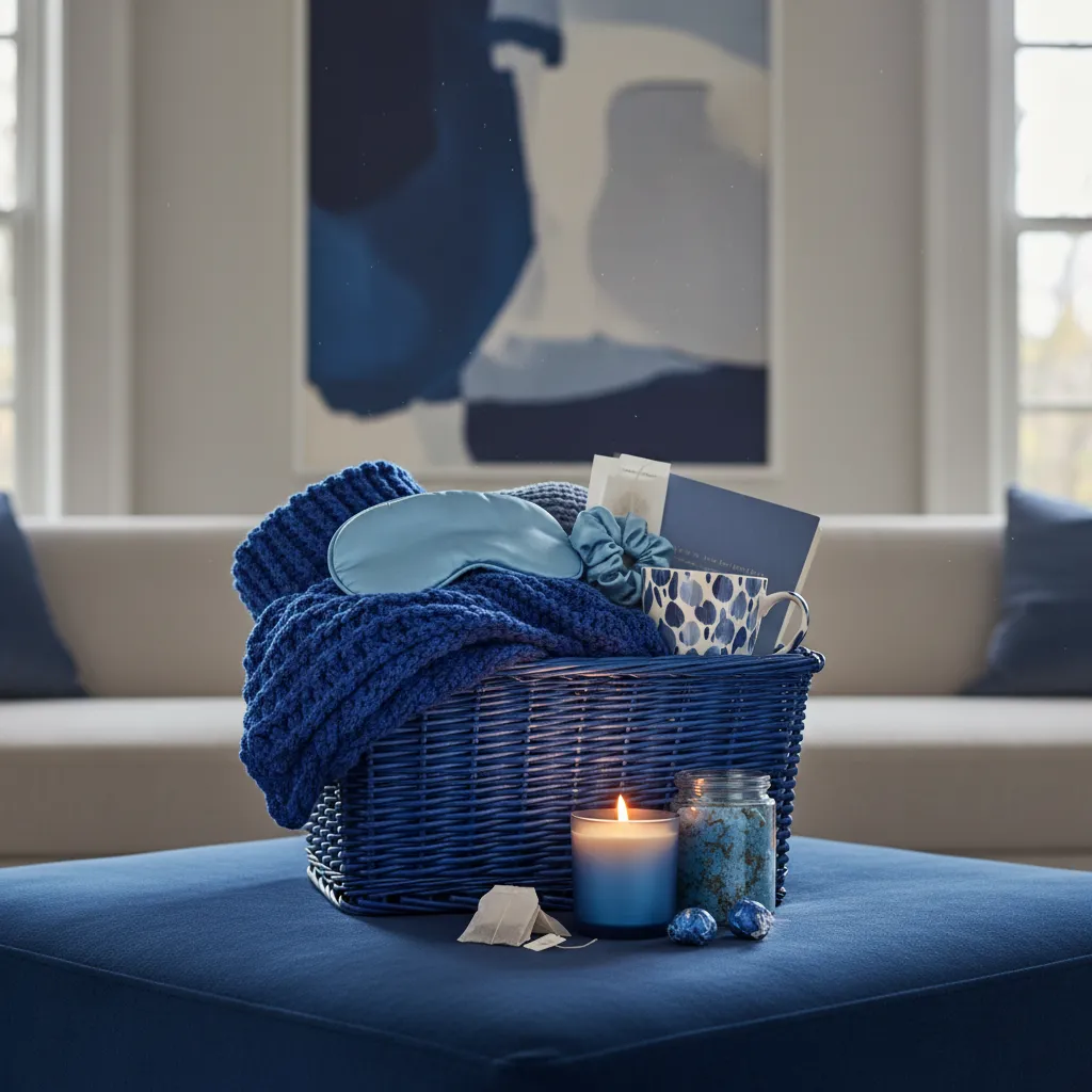 Blue Self Care Gift Basket Design A luxurious blue self care gift basket with velvet textures and candles on a soft ottoman.