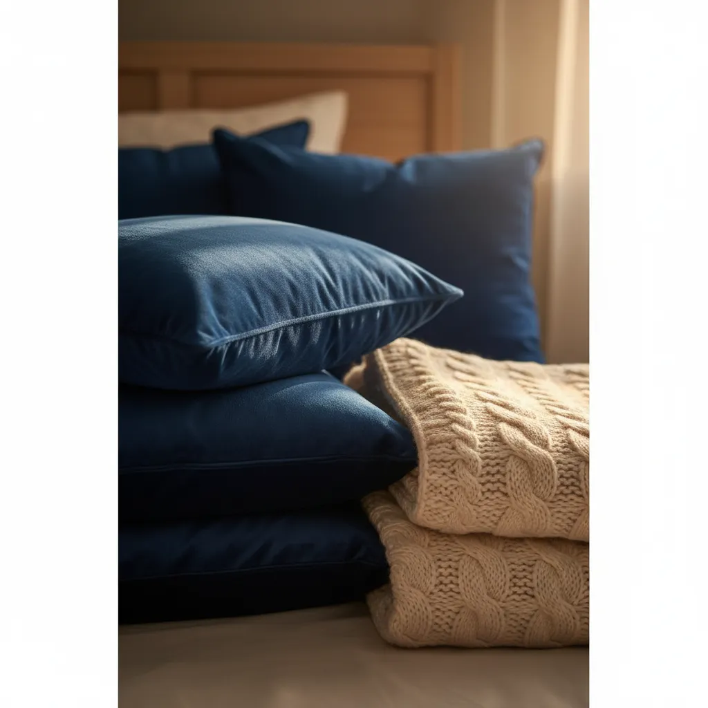 Blue Velvet and Wool Textures Close up of blue velvet and wool fabrics used for a cozy gift basket.