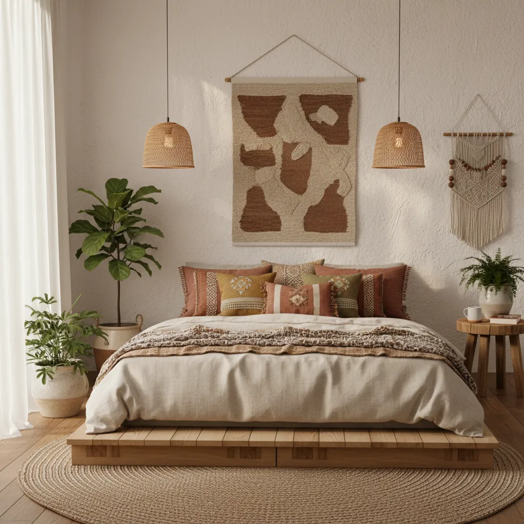 Boho Chic Bedroom Custom Wood Bed Design Bohemian bedroom with custom wood platform bed and rattan decor