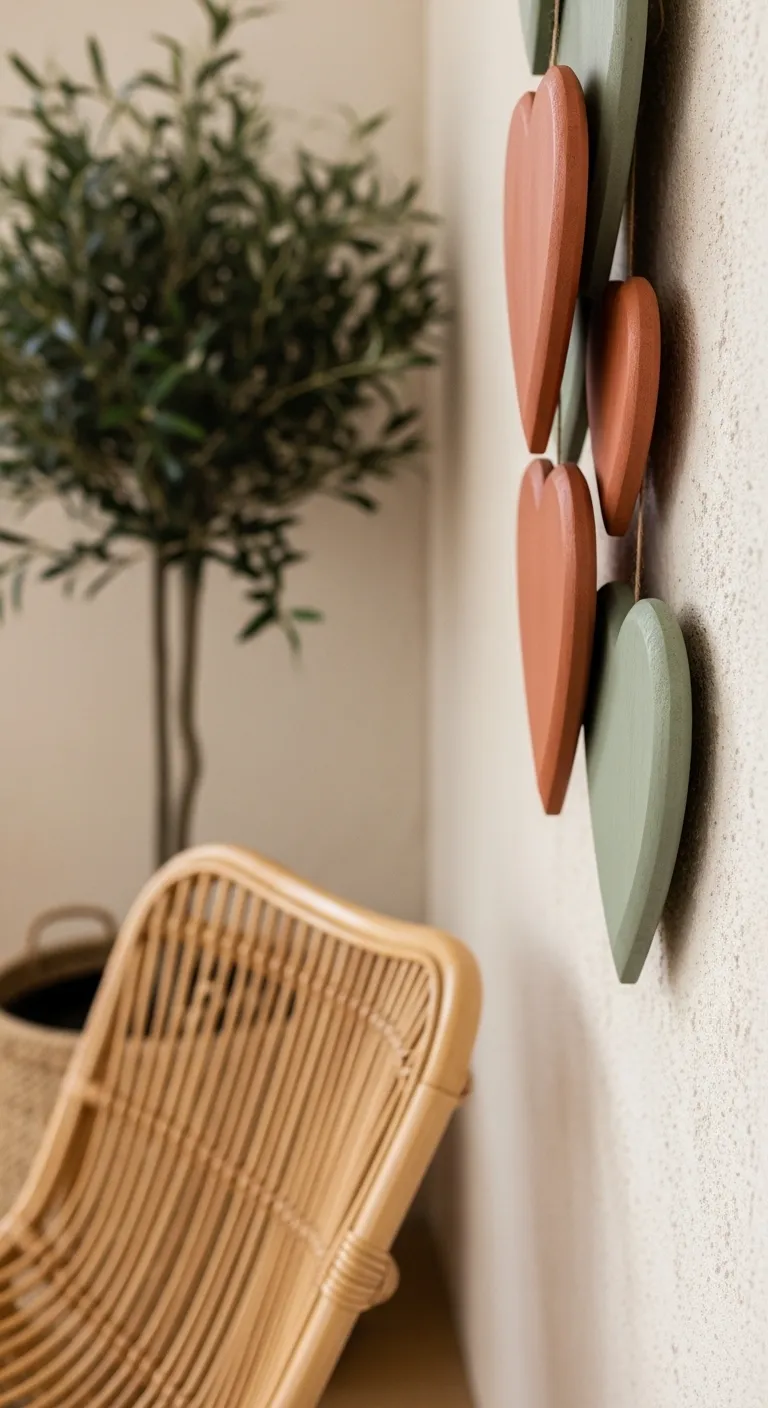 Terracotta and sage green painted wooden hearts styled with rattan furniture