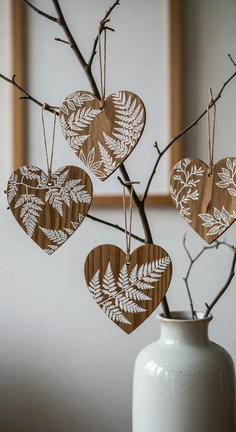 Wooden hearts with white botanical sketches hanging on a branch