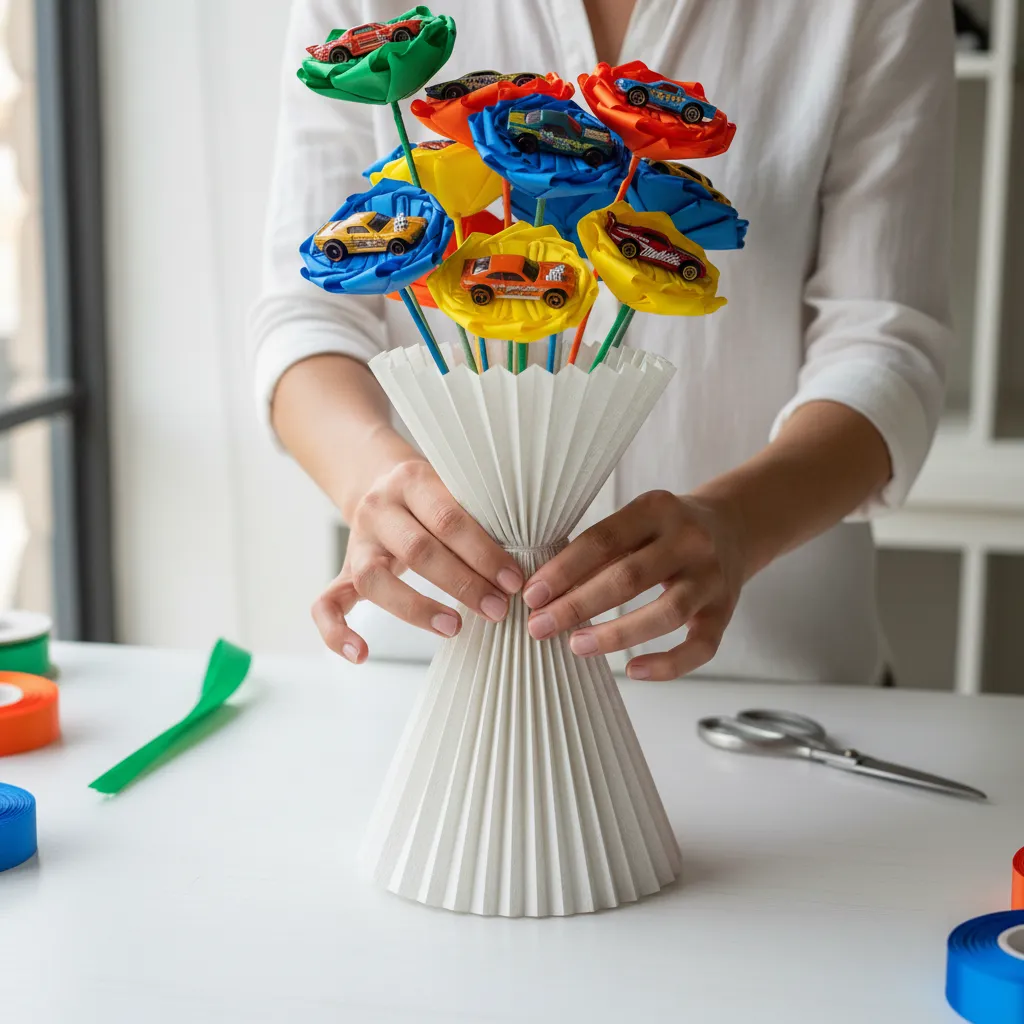 Bouquet Paper Pleating Technique Hands folding florist paper around bouquet stems