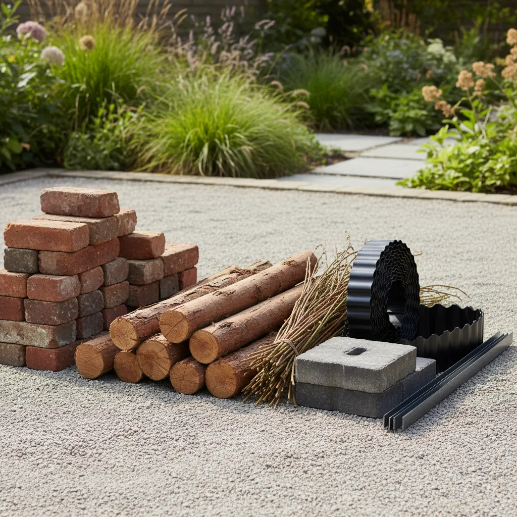 Budget Breakdown for Garden Borders Various garden edging materials like bricks and wood arranged for comparison