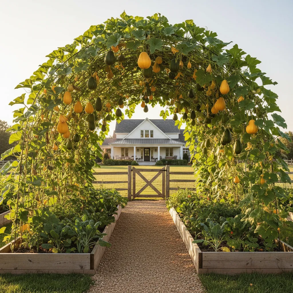 A galvanized steel archway in a vegetable garden covered in climbing vines.