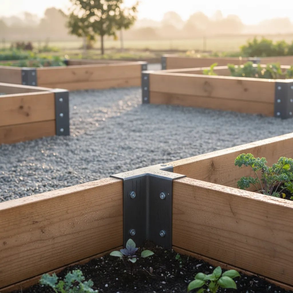 Close up of cedar raised bed and grey gravel garden path