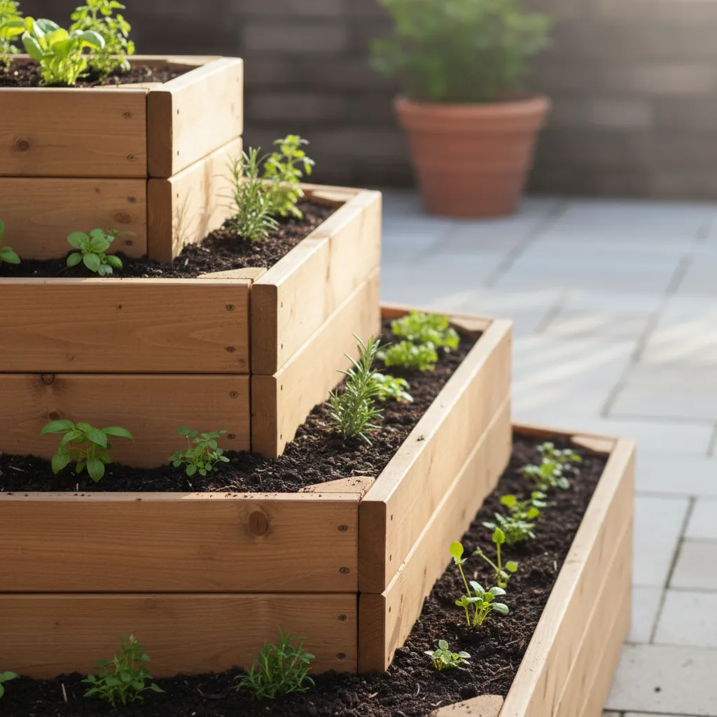 Cedar Raised Bed Joinery Detail Detail shot of cedar wood corners on a tiered garden bed