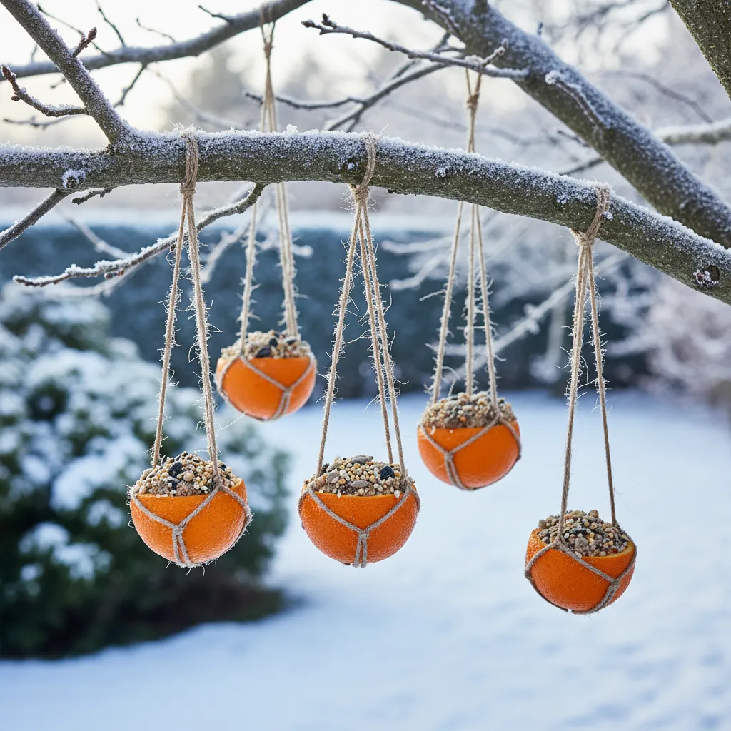 Citrus Cup Bird Feeder Hanging in Garden Hollowed orange peel bird feeder hanging from tree with twine