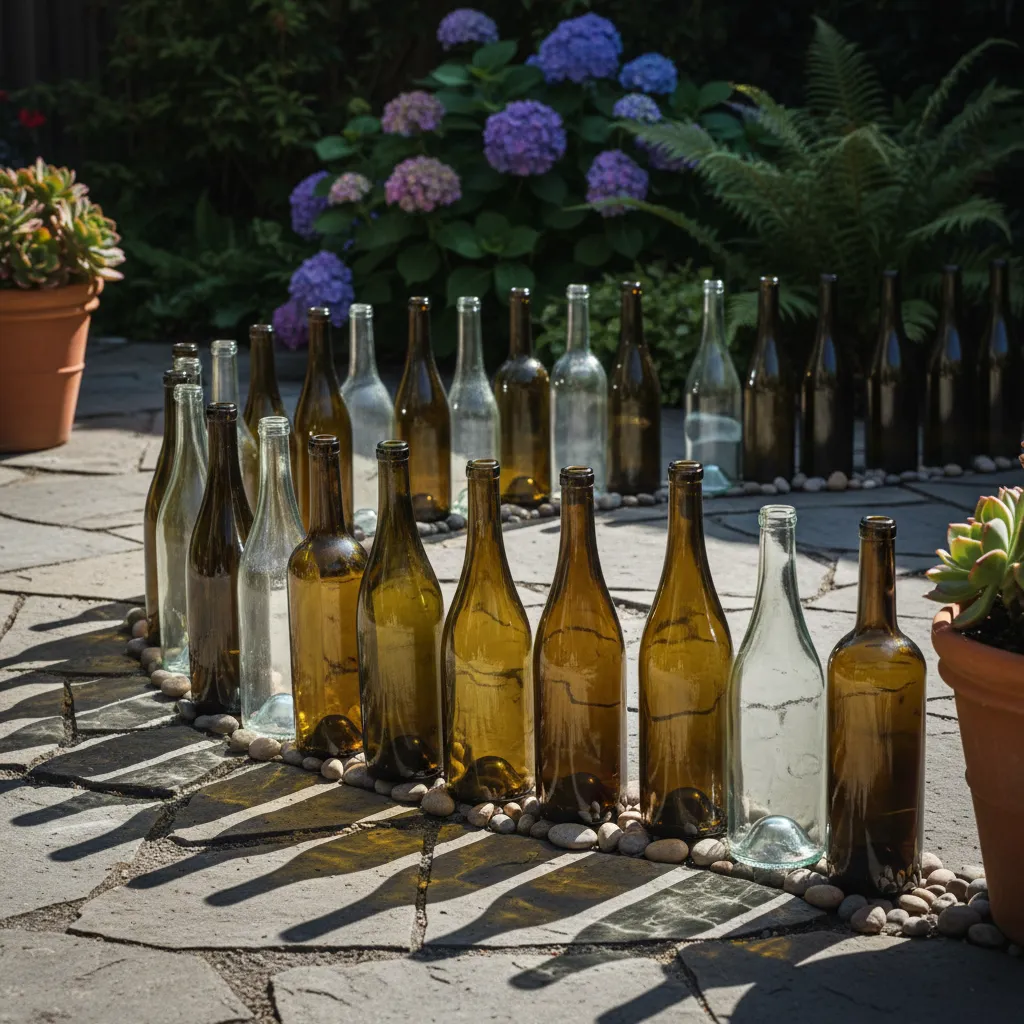 Cleaned Glass Bottles for Landscaping Array of amber and green glass bottles ready for garden DIY