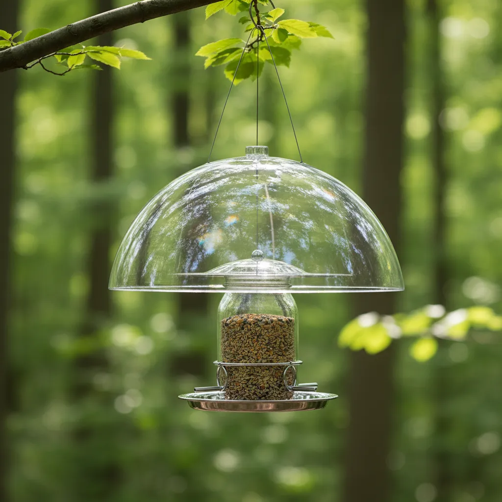 Clear Acrylic Baffle for Bird Feeders Sleek clear baffle dome protecting a hanging bird feeder