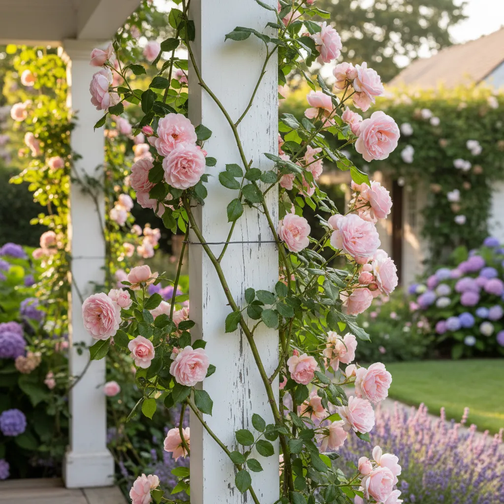 Pink climbing roses trained on a white porch column with wire supports