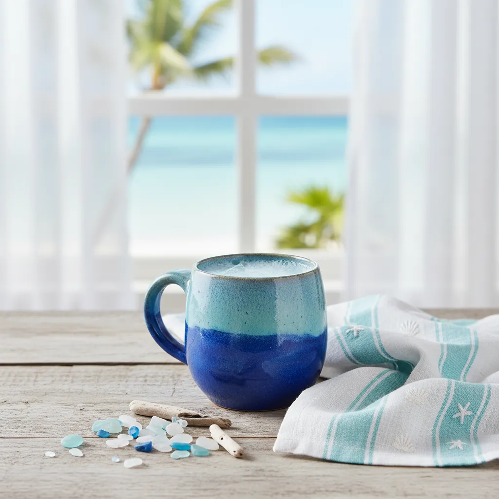 Coastal Interior Essentials Blue ceramic mug and linen towel styling