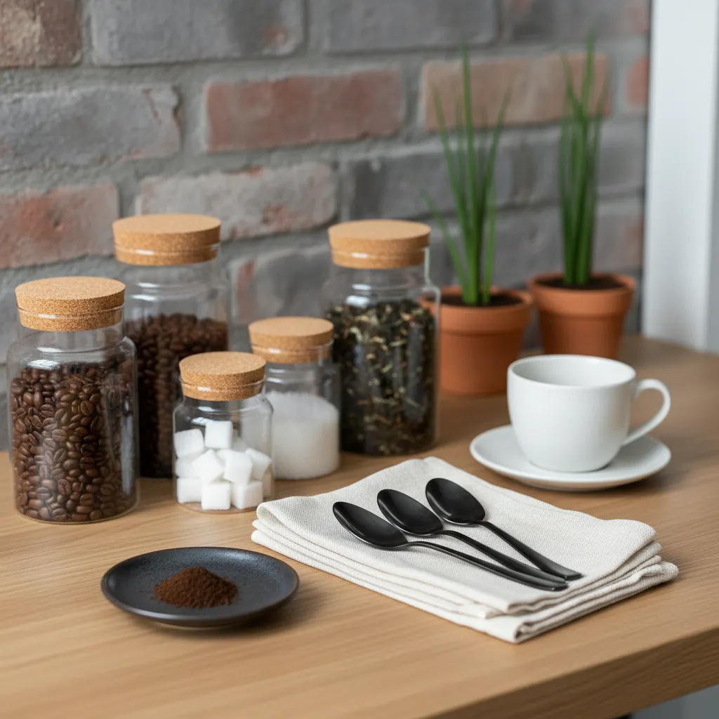 Coffee Bar Zoning Organization Organized coffee bar zones with glass storage jars and linen textures