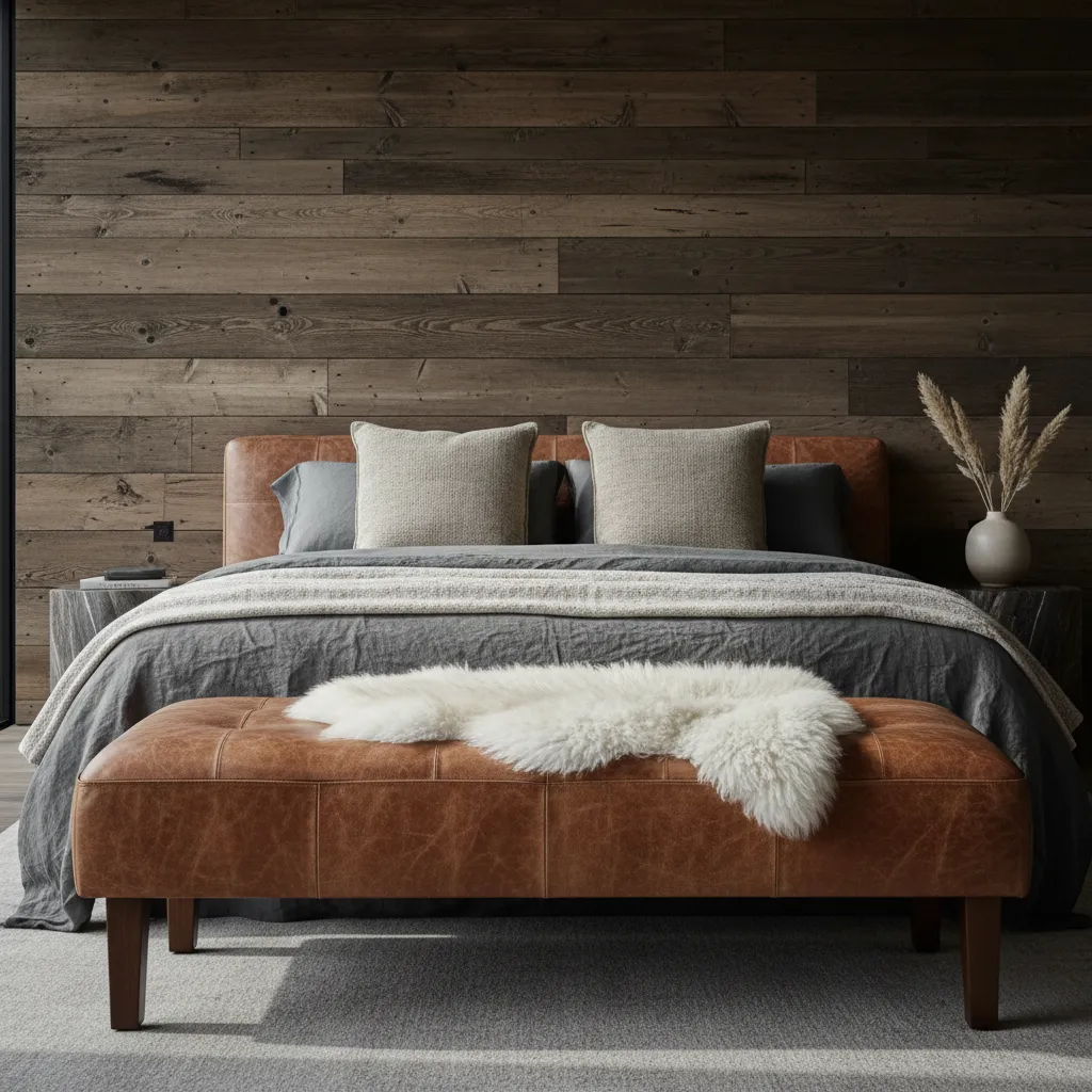 Cognac Leather Bench Bedroom Decor Cognac leather bench at the foot of a bed in a wood paneled room