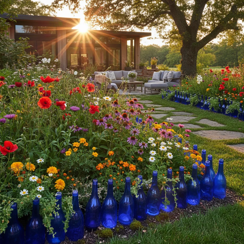 Colorful Glass Garden Borders Vibrant garden bed with glowing blue glass bottle borders