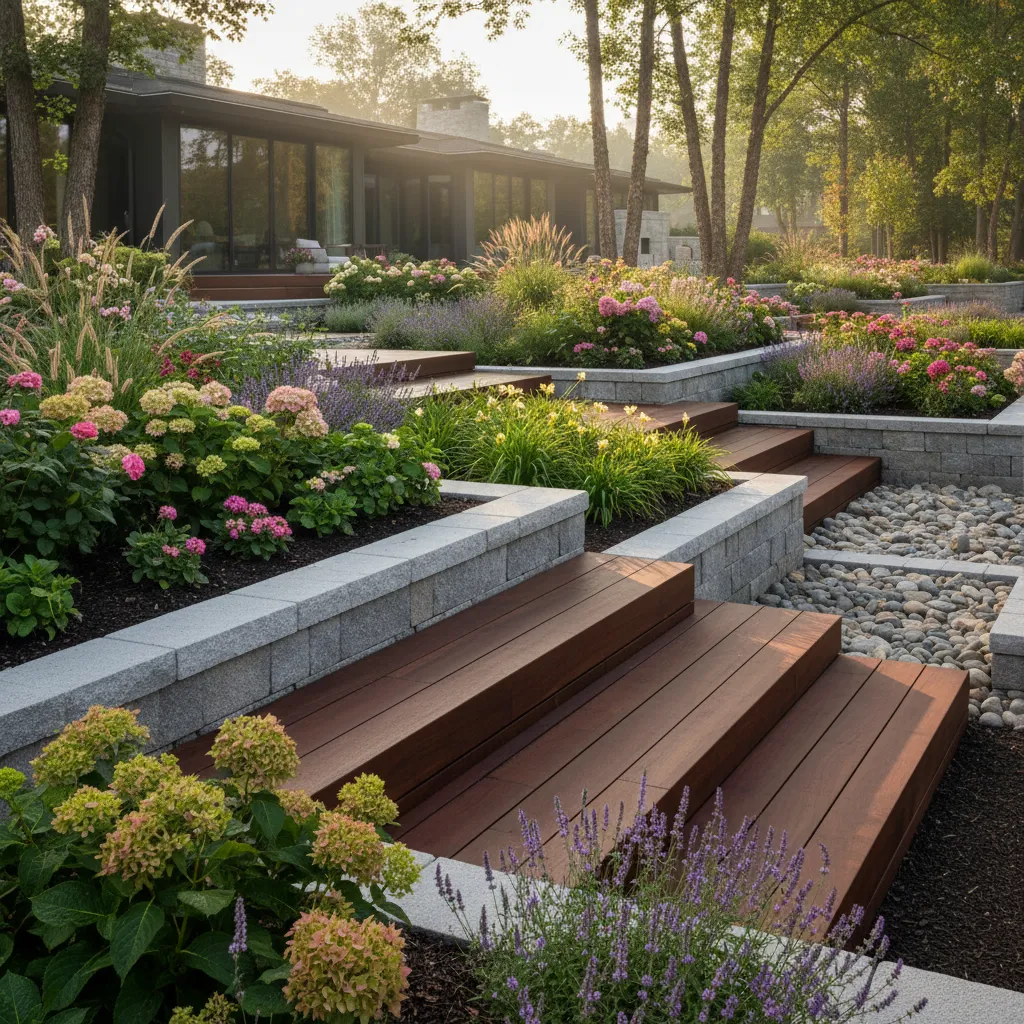 Comparative Guide to Flower Bed Borders A wide shot of a professionally landscaped garden with various border textures