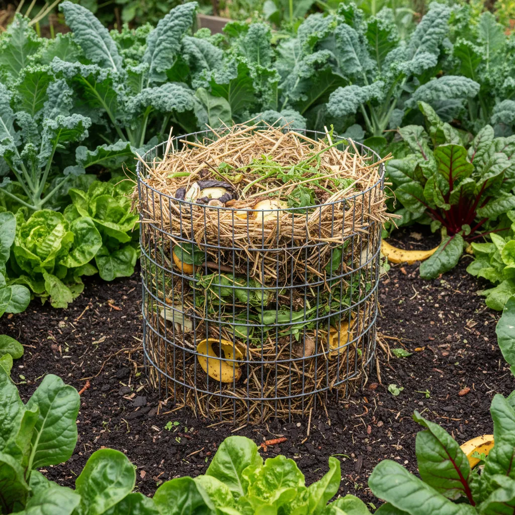 Compost Basket Core for Raised Garden Beds Central wire compost basket inside a raised garden bed filled with organic matter