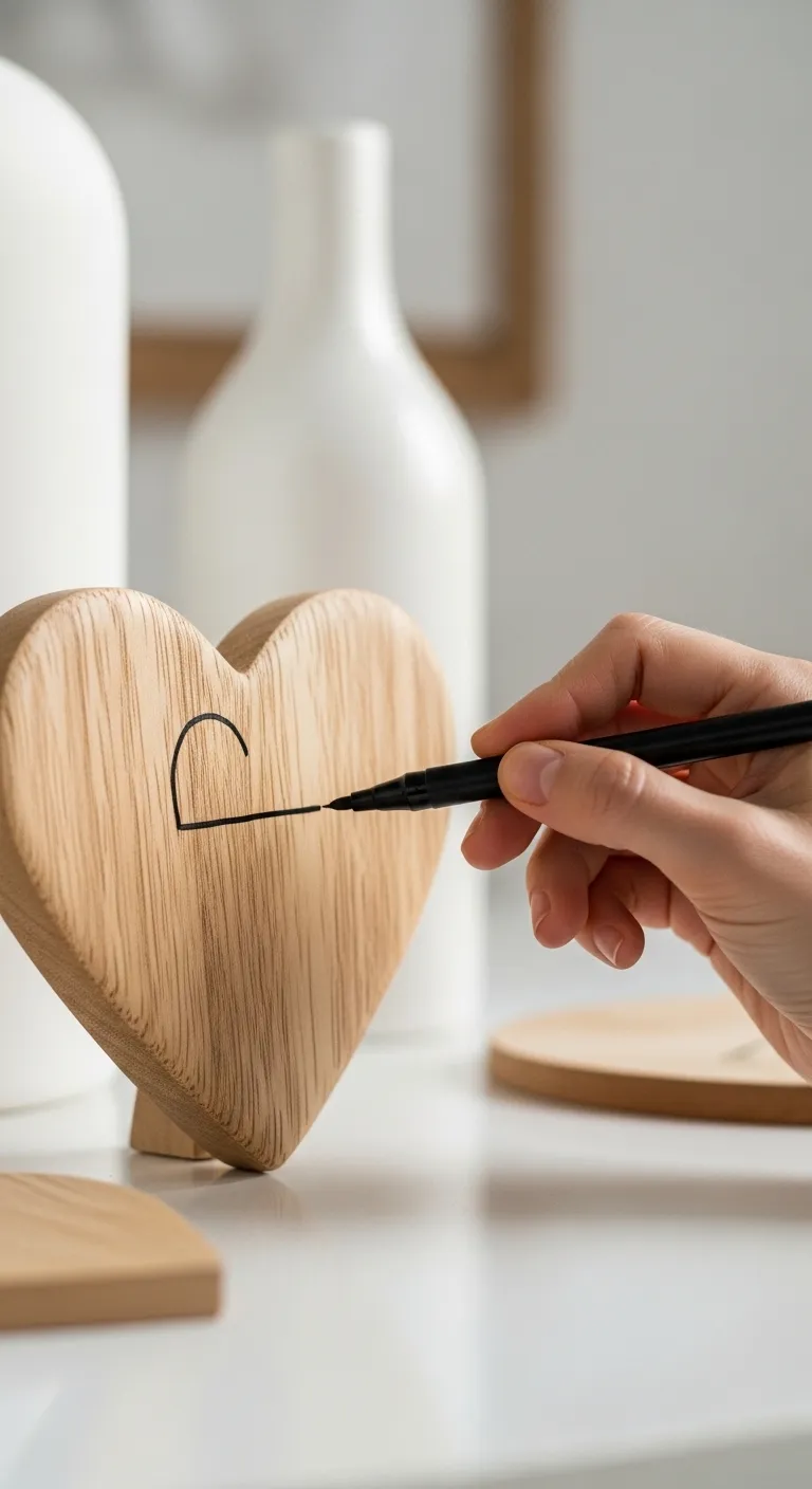 Hand drawing a continuous line face on a wooden heart ornament
