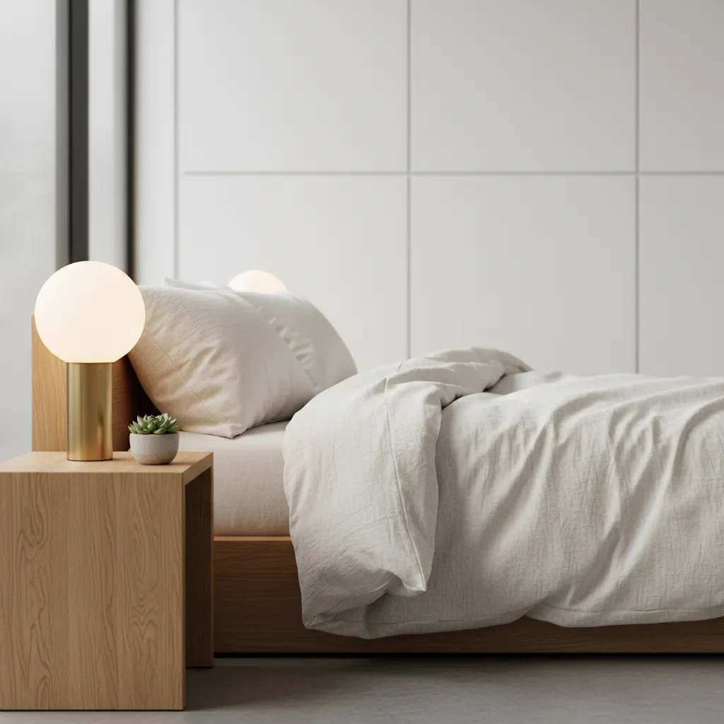 Cozy Bedroom Textures and Lighting Detail Close up detail of linen textures and warm ambient lighting in a bedroom