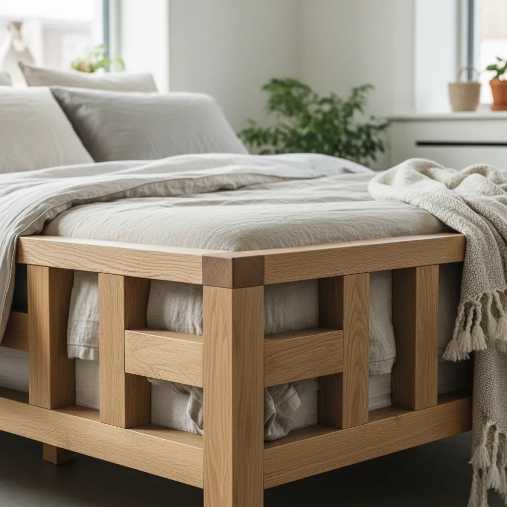 Custom Wood Bed Frame Construction Detail Detail shot of light oak wood bed frame structure