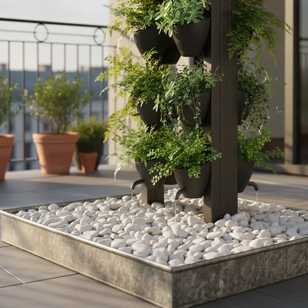 Galvanized steel drainage tray filled with white river rocks under a vertical garden stand