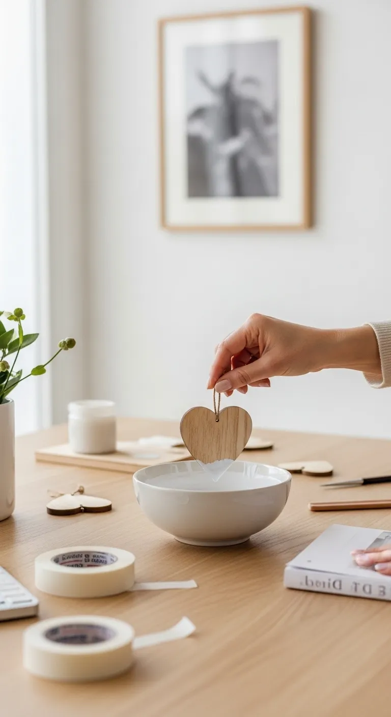 Wooden heart ornament being dipped in white paint for a two-tone effect