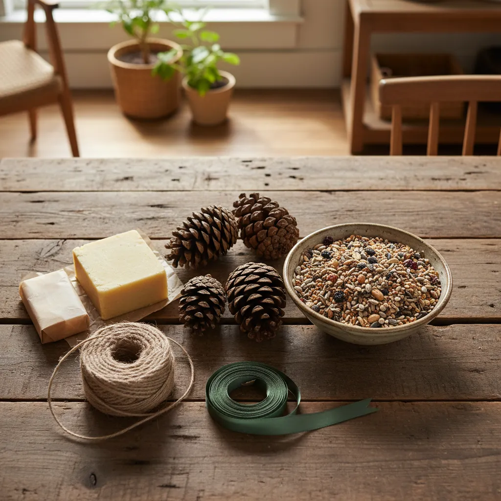 DIY Bird Feeder Materials Flat Lay Supplies for making pinecone bird feeders including seeds and twine