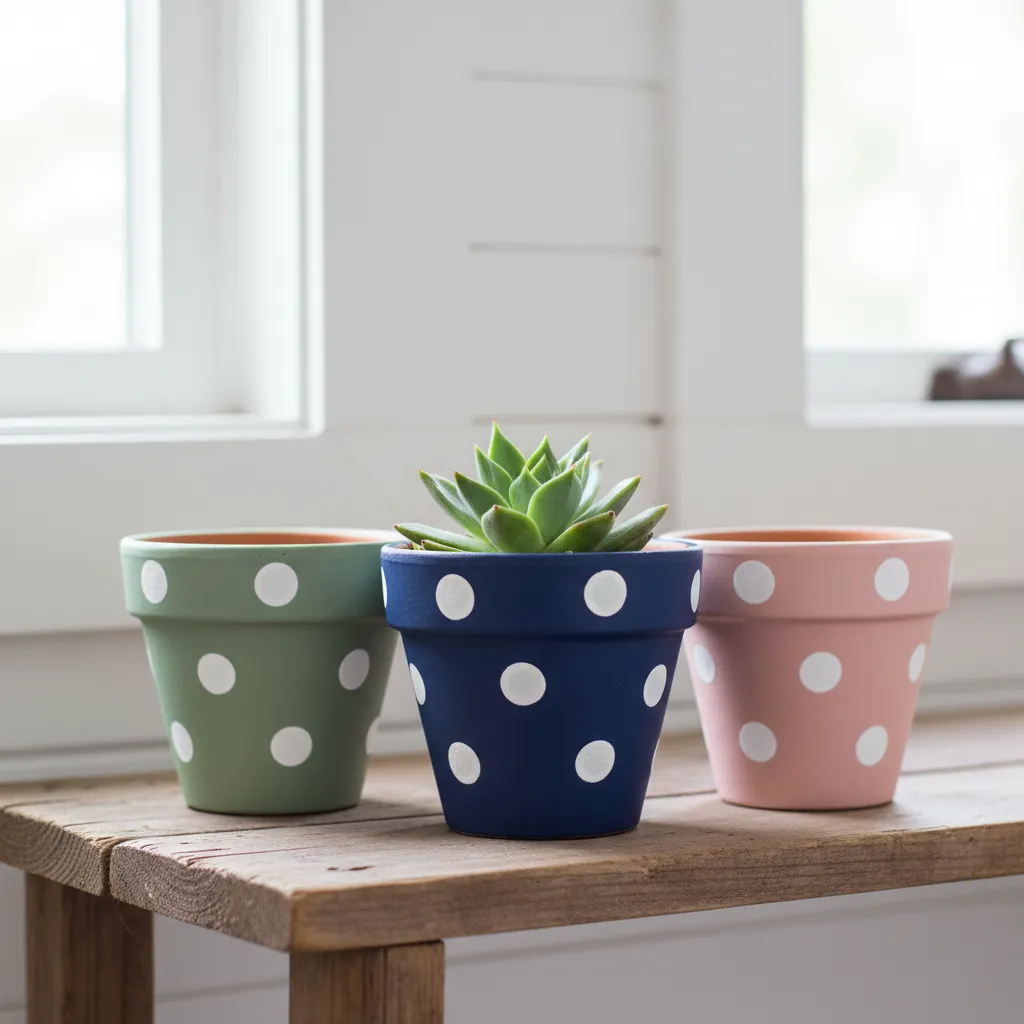 Three colorful hand painted flower pots with polka dots sitting on a wooden shelf with succulents
