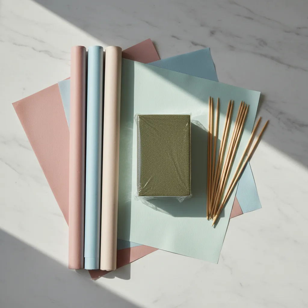 DIY Hot Wheels Bouquet Supplies Flat Lay Bamboo skewers floral foam and Korean wrapping paper flat lay for bouquet crafting