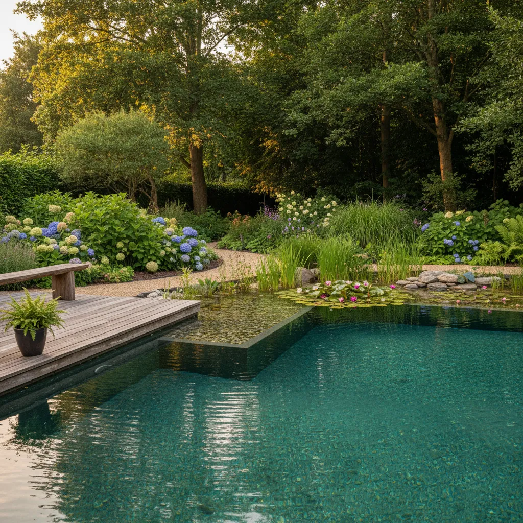 A beautiful backyard featuring a DIY natural swimming pool with a plant-filled regeneration zone and clear chemical-free water.
