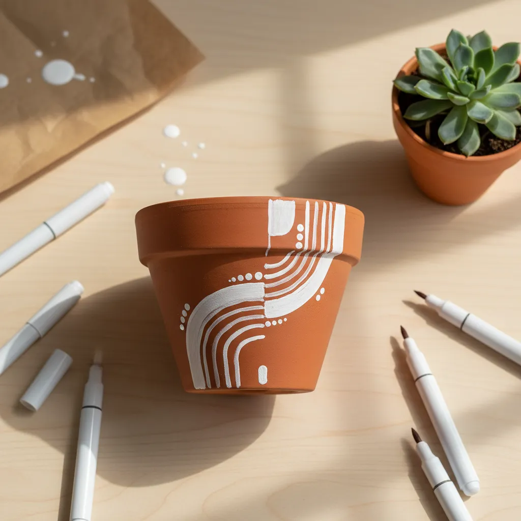 White paint pens and terracotta pot on a crafting table for boho DIY project