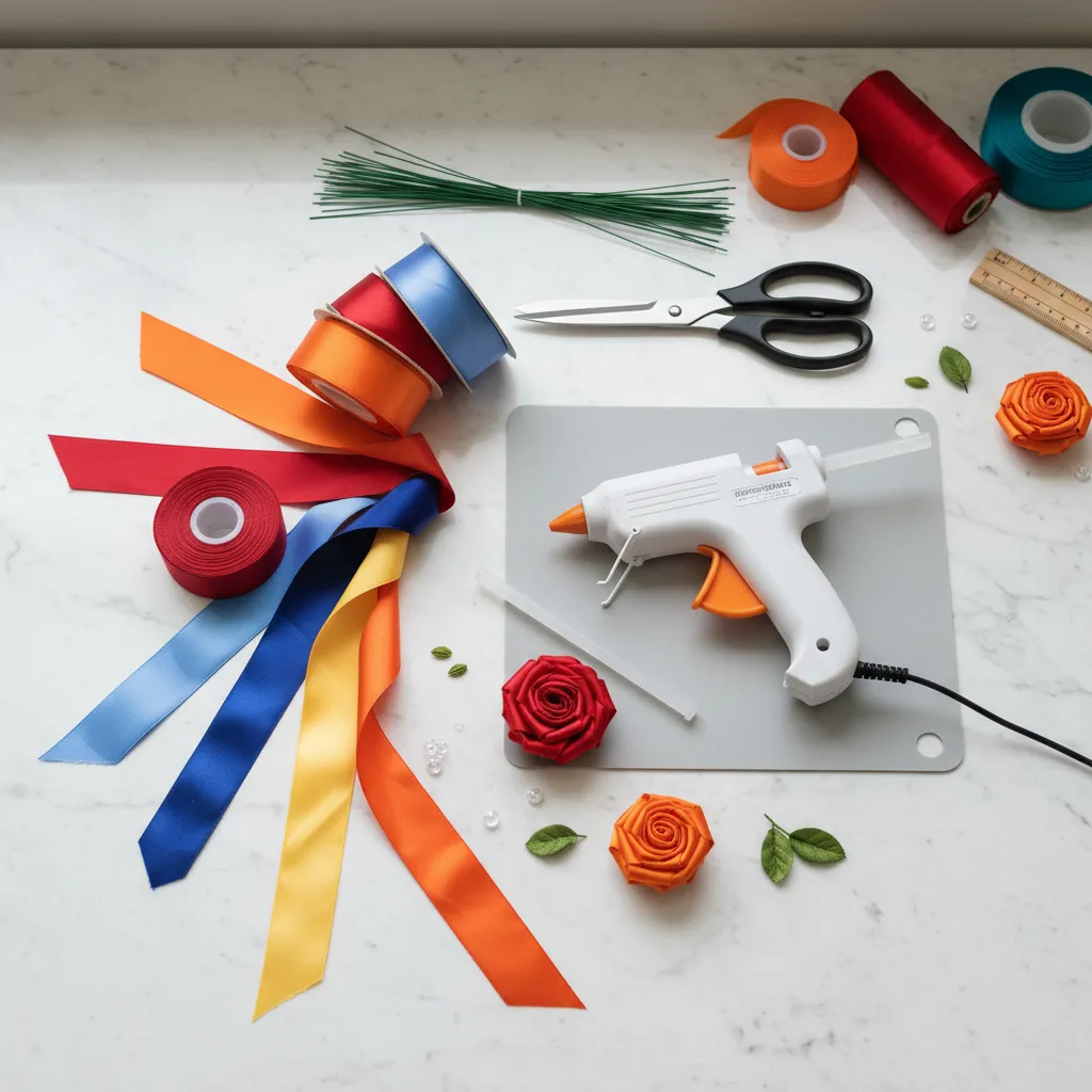 DIY Ribbon Rose Materials Flat Lay Supplies for making ribbon roses including satin ribbon scissors and glue gun