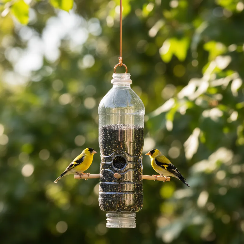 DIY Upcycled Plastic Bottle Finch Feeder Clear plastic bottle bird feeder with wooden dowels hanging in a garden