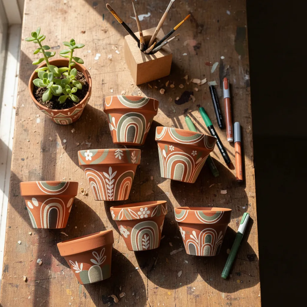 A collection of hand-painted terracotta flower pots with boho arch designs and floral patterns on a sunlit workbench.