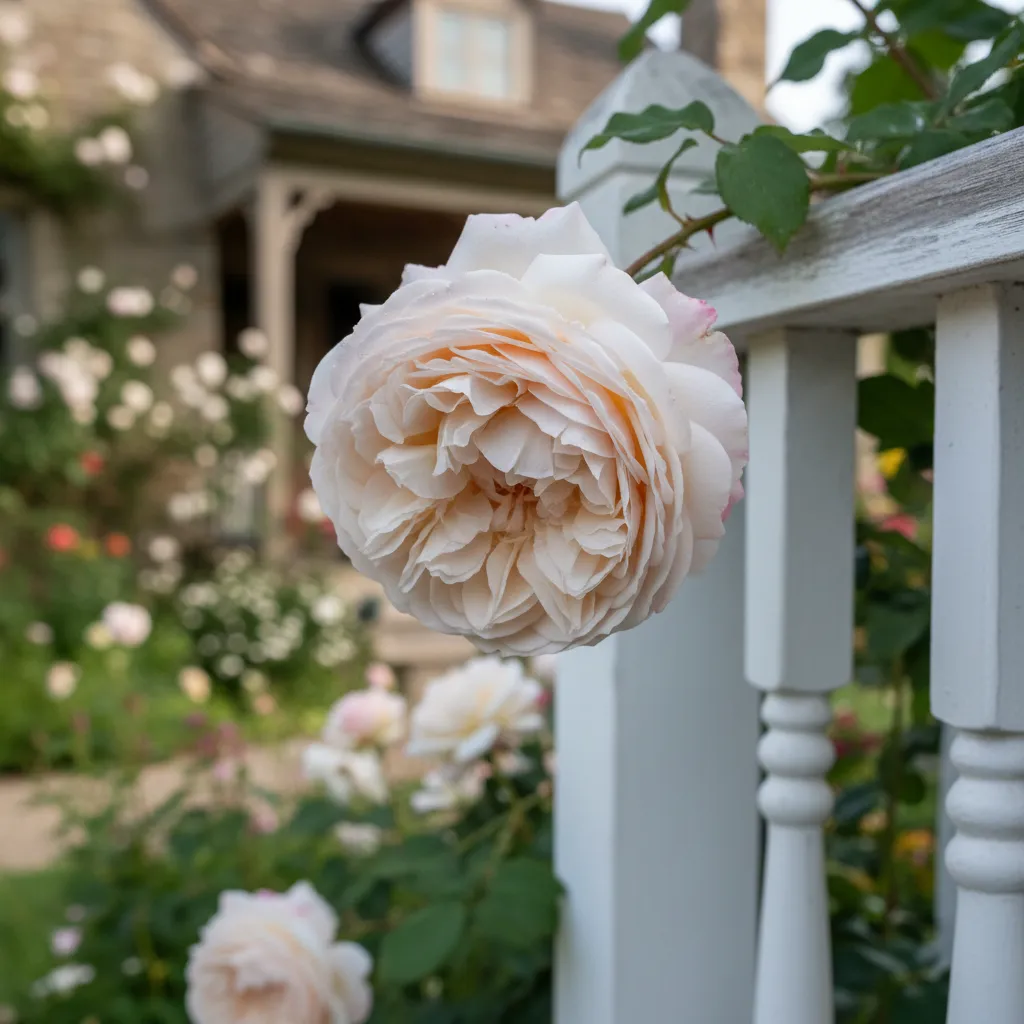 Creamy white and pink Eden rose blooms draping over a porch railing