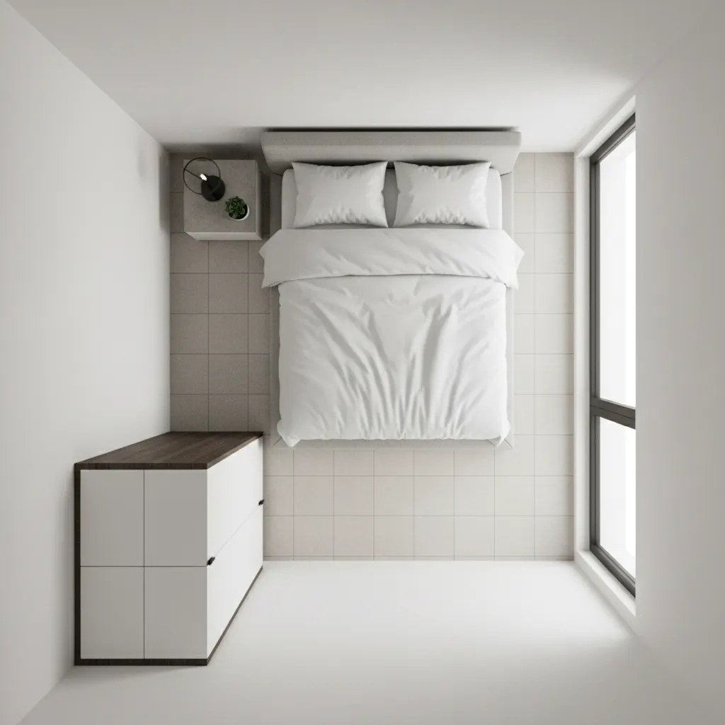 Efficient Small Bedroom Furniture Layout Top-down view of a 4x4 bedroom grid showing optimal furniture placement for space saving