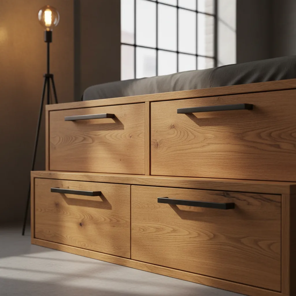 Elevated Bed Platform With Storage Wooden platform bed base with drawers showing dimensions and texture