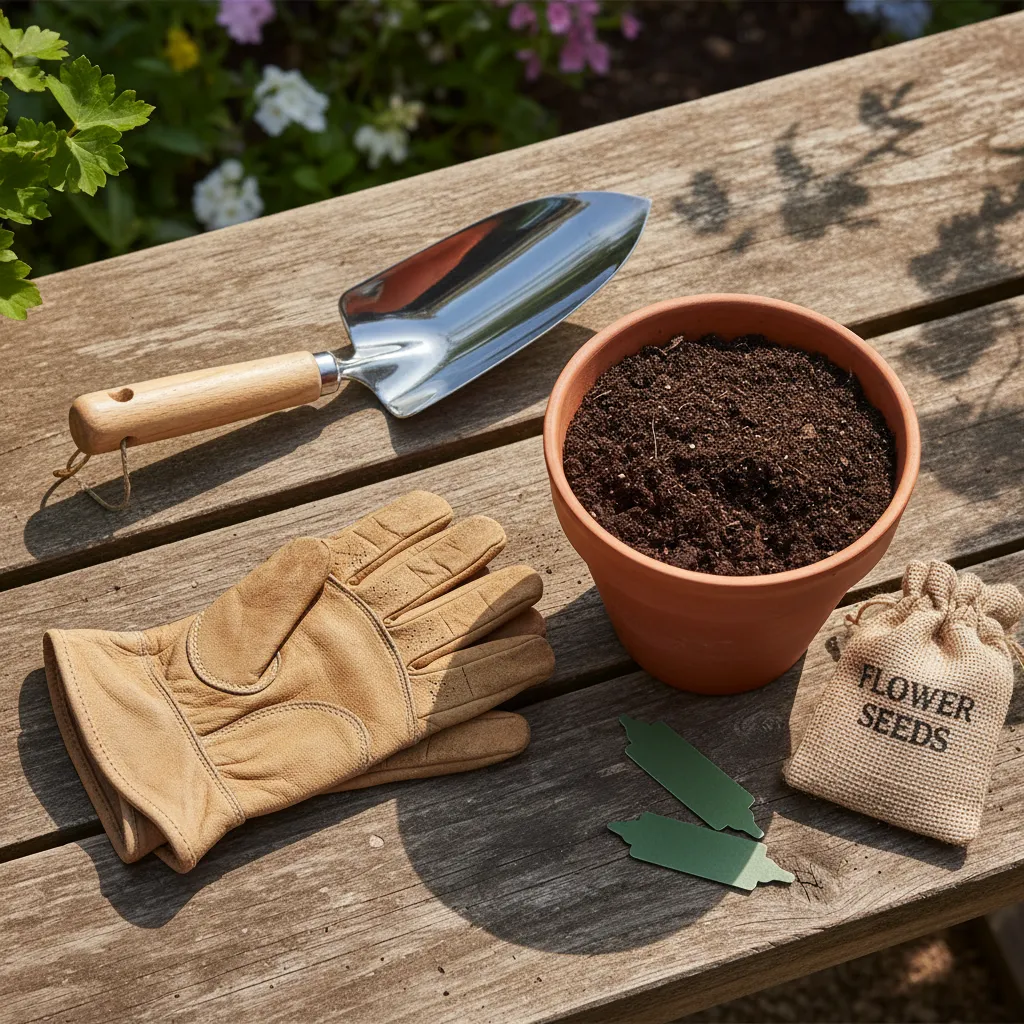 Essential Gardening Tools Flat Lay Gardening tools including trowel and gloves on a rustic wooden bench