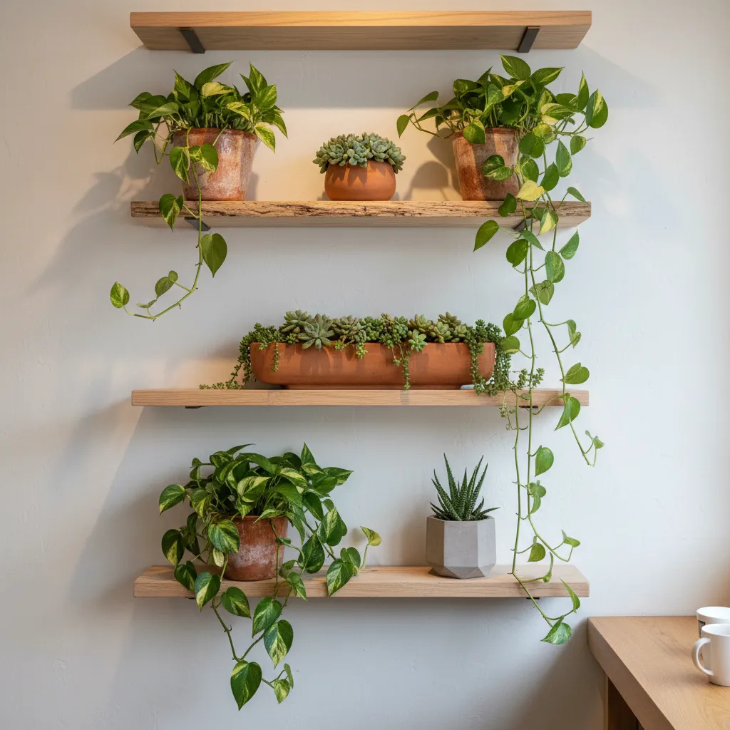 Floating Shelves with Trailing Plants Trailing pothos plants on floating wooden shelves in a minimal room