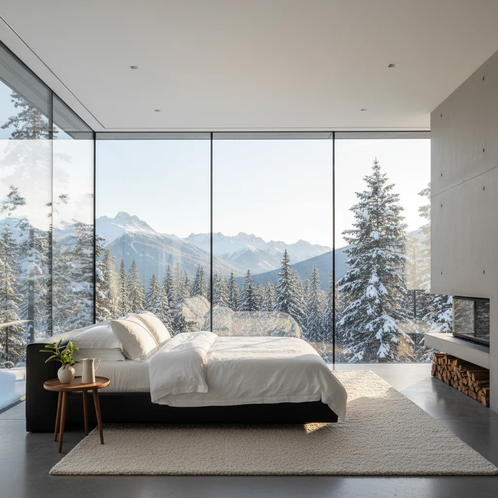 Floor to Ceiling Windows Mountain Bedroom Modern mountain bedroom with floor-to-ceiling windows and minimal decor