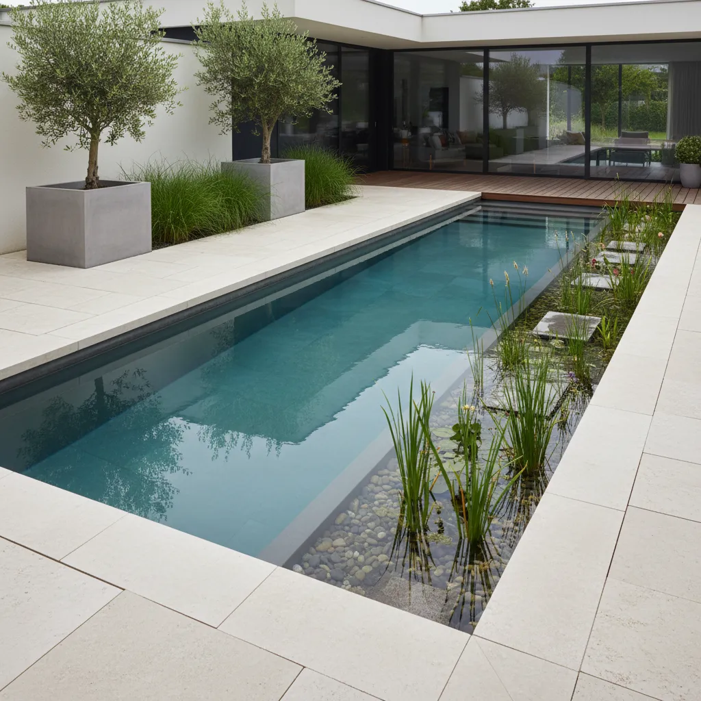 Formal Concrete Natural Pool With Wetland Filter Modern concrete diy natural swimming pool with separate gravel filter zone