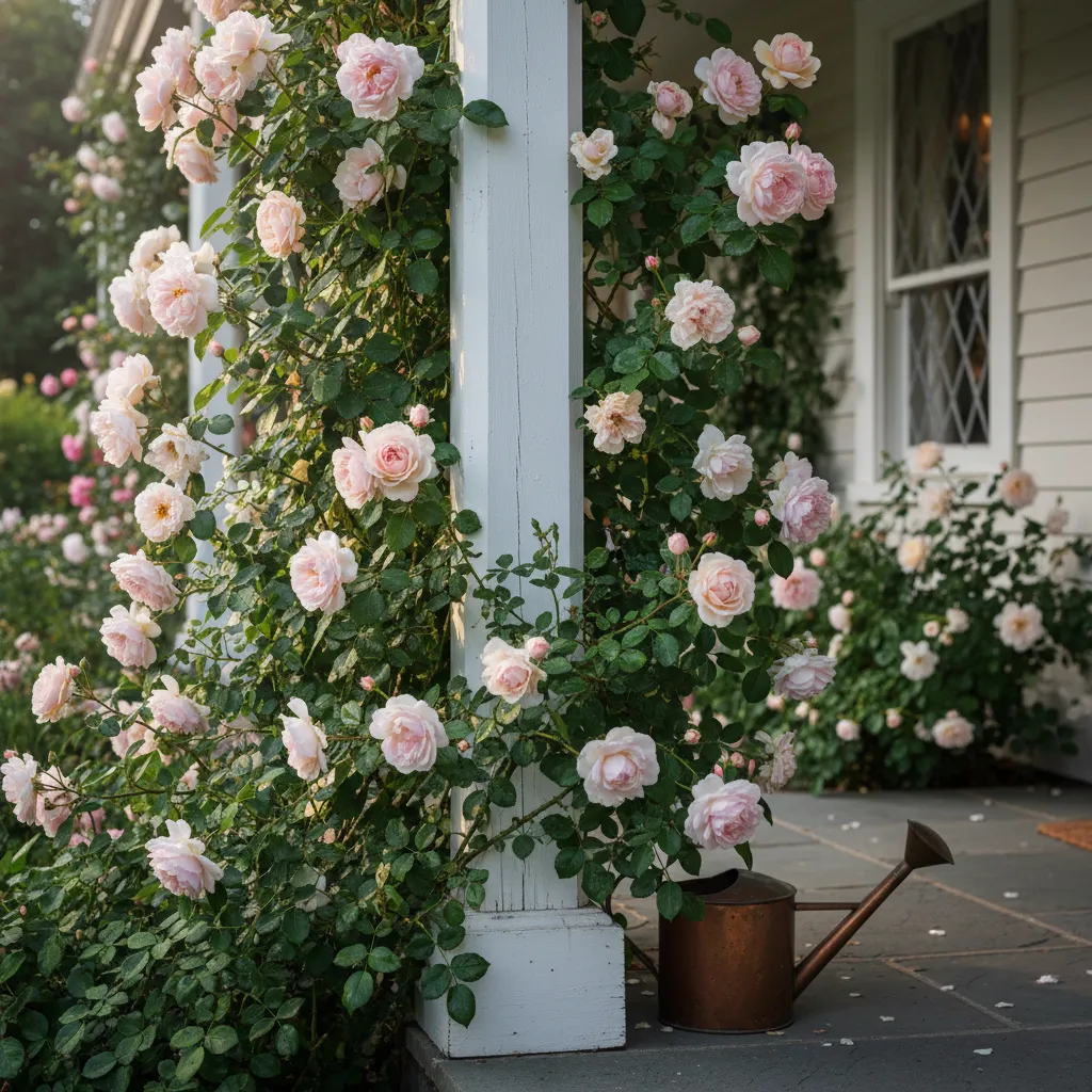 Pale pink climbing roses wrapping around a white porch column in soft morning light
