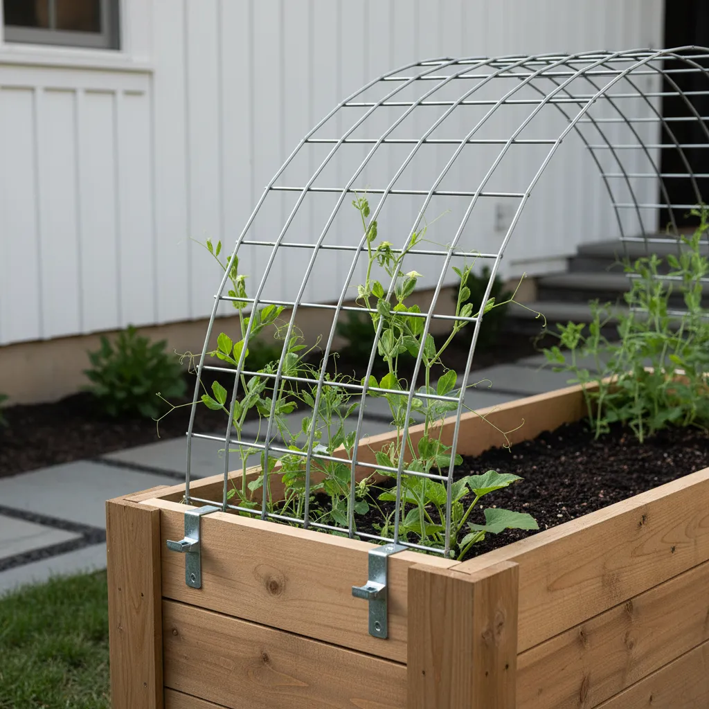 Close up of a metal cattle panel secured to a wooden garden frame.