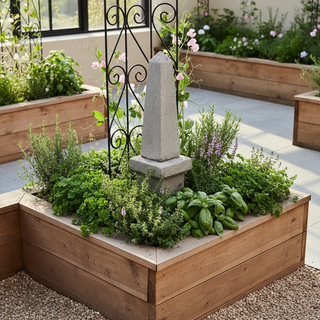 Garden Bed Corner Styling with Obelisk Styling the hard-to-reach corner of an L-shaped raised garden bed