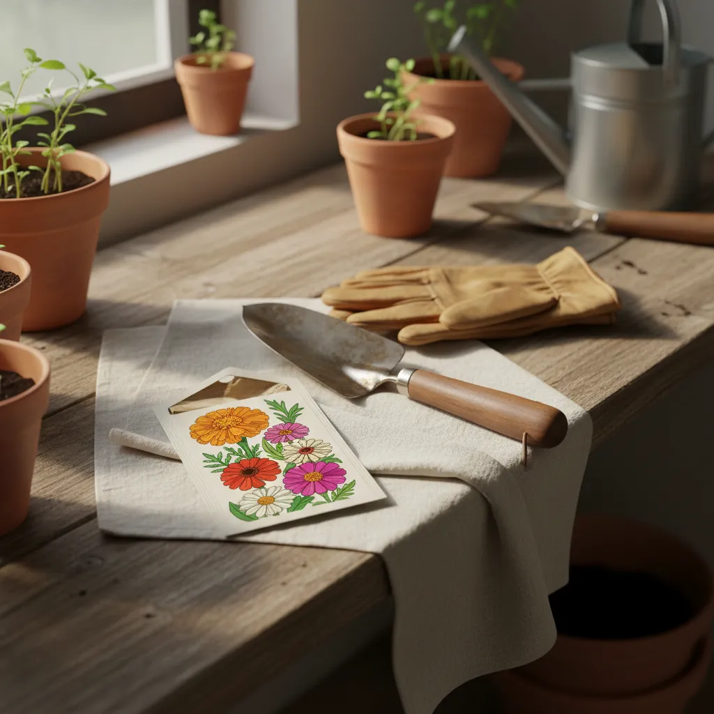 Gardening Tools and Seeds Aesthetic Styled gardening tools including trowel and seeds on linen cloth