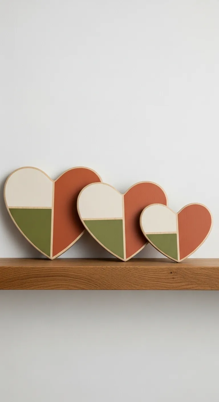 Color blocked wooden hearts in terracotta and cream tones