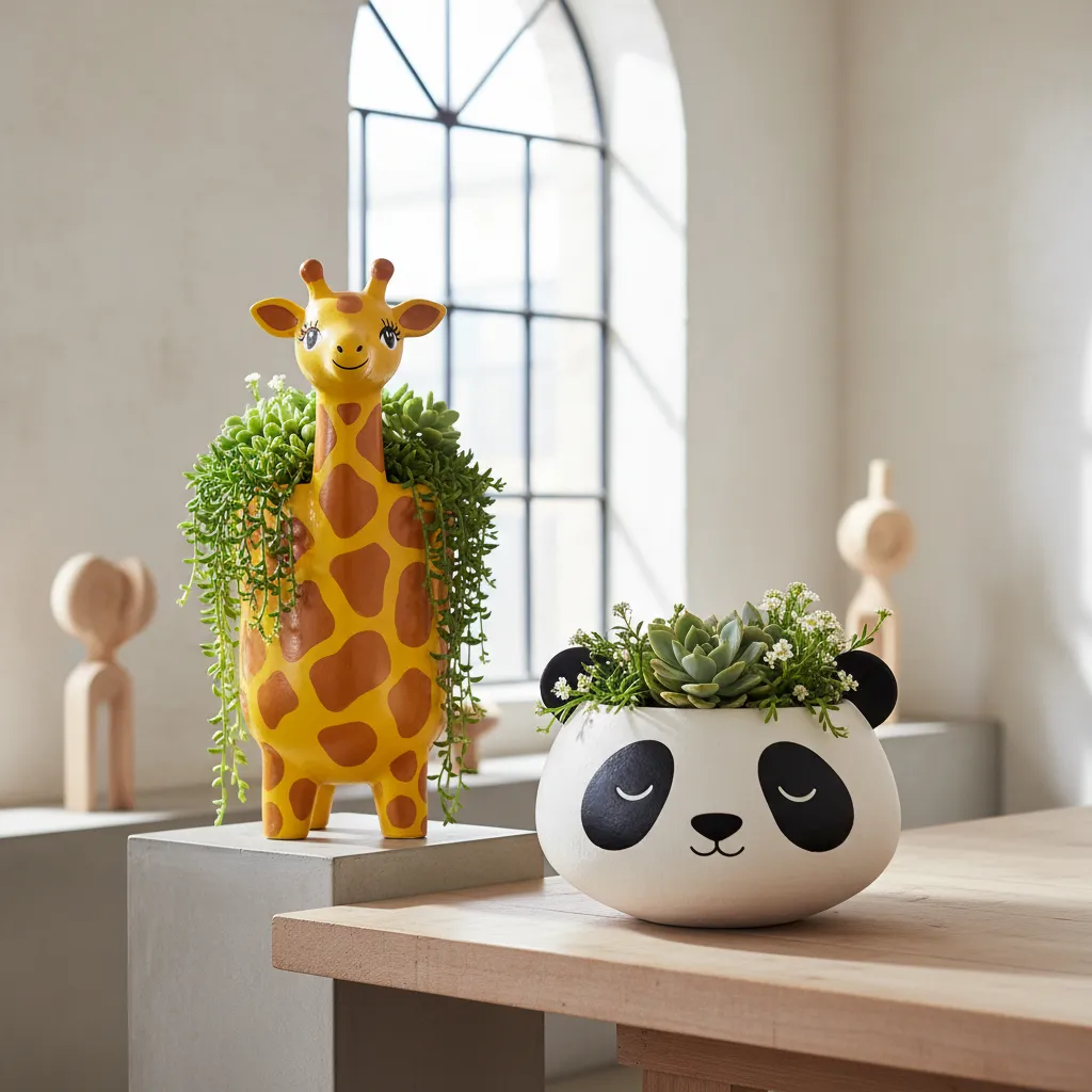 Tall and short hand painted animal planters side by side