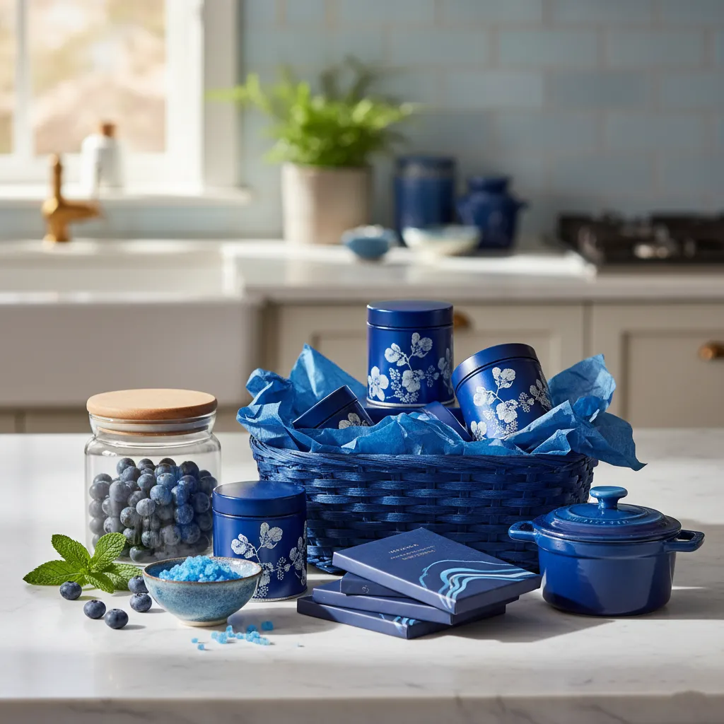 Gourmet Blue Pantry Essentials A close-up of blue packaged gourmet snacks on a marble surface.