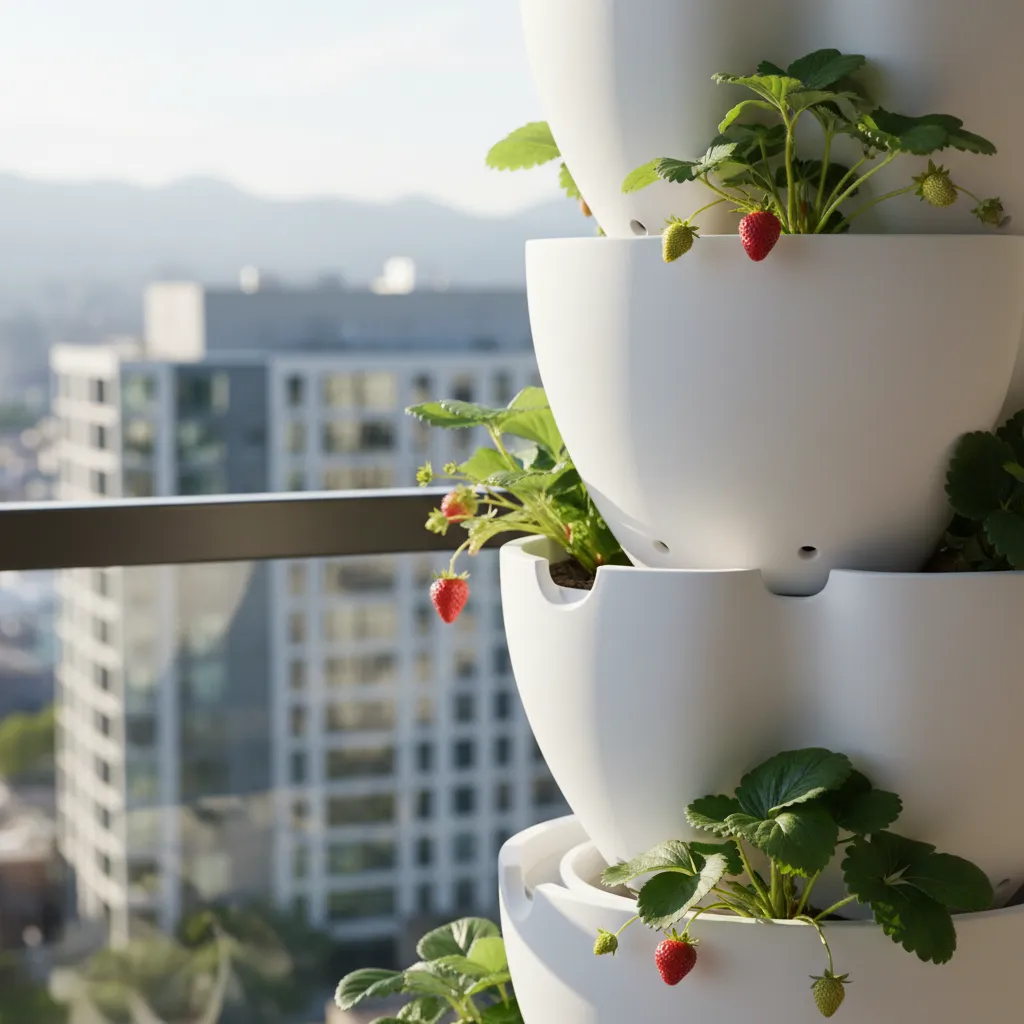 Close-up of tiered vertical planter with gravity-fed drainage system against city skyline